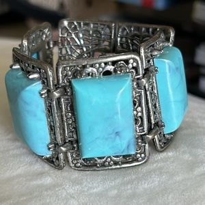 Vintage Ornate Faux Turquoise Filigree Panel Chunky Bracelet Signed A